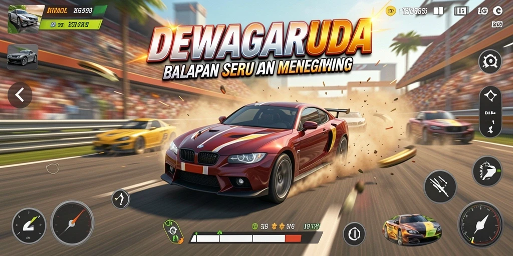 Tampilan aksi balap seru di DEWAGARUDA dengan mobil kencang.