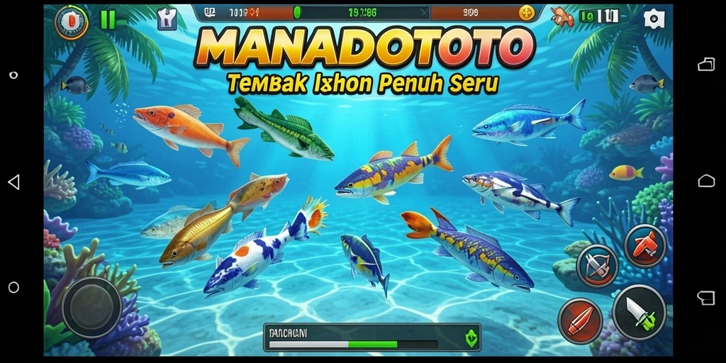 Screenshot gameplay MANADOTOTO menampilkan aksi menembak ikan yang seru.