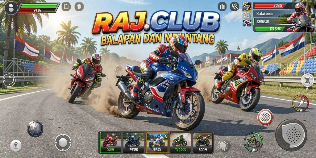 Tampilan screenshot RAJACLUB menampilkan aksi balapan motor yang mendebarkan.