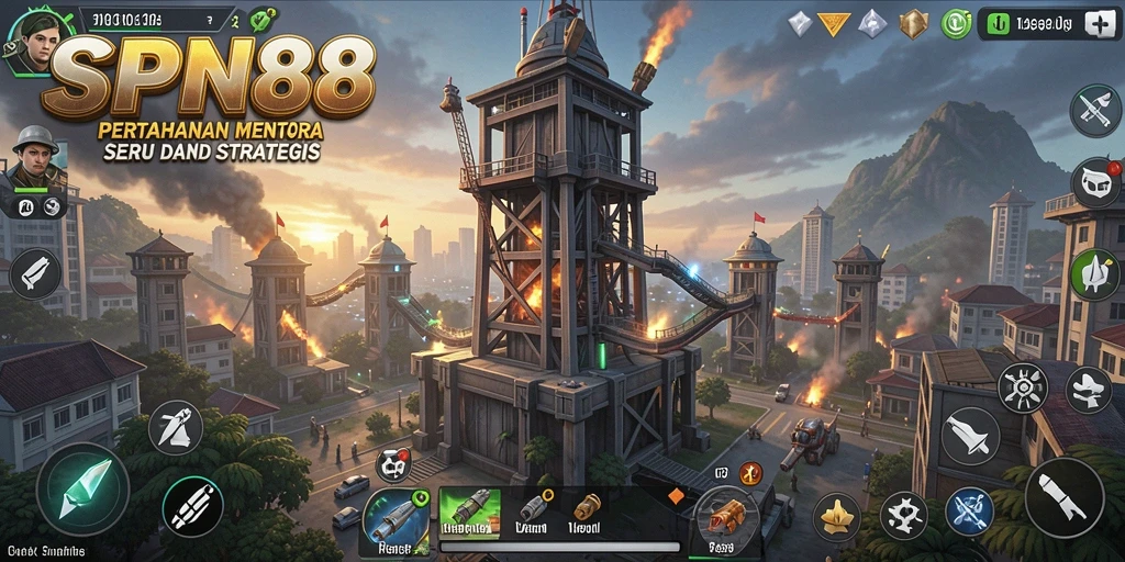 Tampilan gameplay menegangkan di SPN88 saat mempertahankan menara dari serangan musuh.