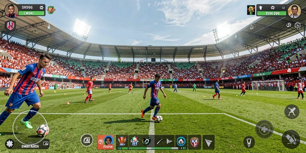 Screenshot menunjukkan aksi seru dalam permainan sepak bola.